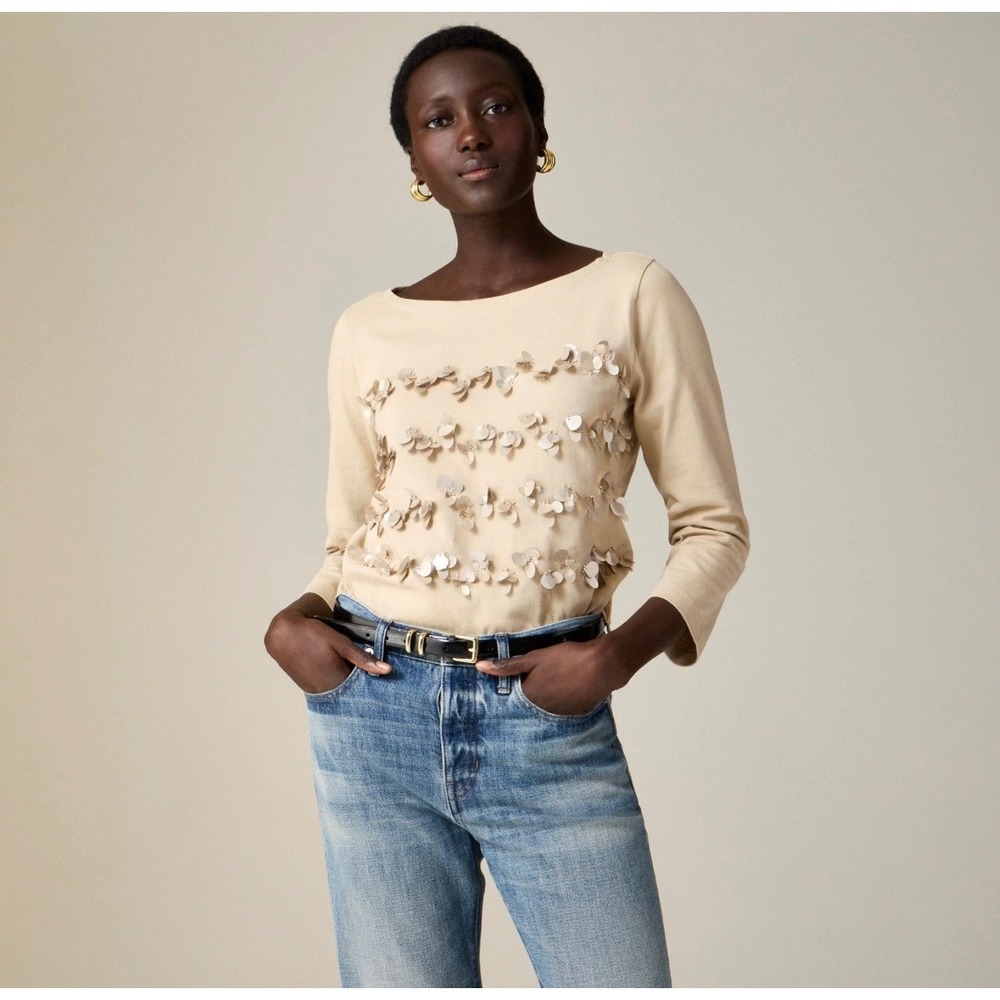 J. Crew Beige Embellished 3/4 length  Sleeve Top